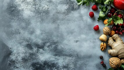 Fresh fruits, nuts, and herbs on a textured surface representing healthy choices for diabetes management concept