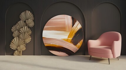 Stylish living room with soft lighting, a round painting mockup, and a dark wall.