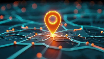 Illustration of digital city map with glowing location pin. AI tech in GPS navigation, innovation in delivery, transport logistics. Geolocation illustration concept for future business travel.