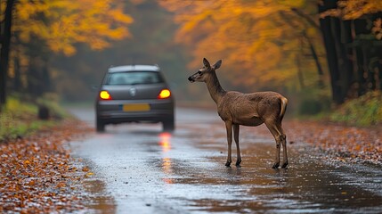 Wild animal accident in autumn on a wet road, 