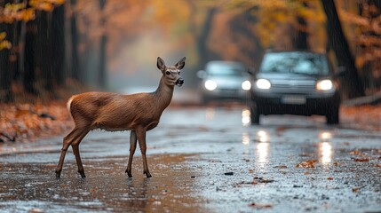 Wild animal accident in autumn on a wet road, 84