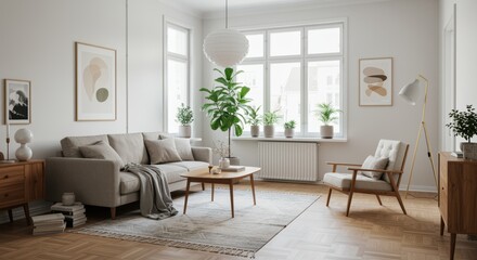 A modern living room featuring a cozy gray sofa with decorative pillows, a wooden coffee table on a textured rug, and elegant wall art, perfect for interior design inspiration.