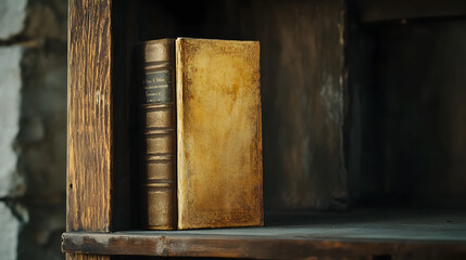 A book cover with a hand-painted illustration resting on a shelf.