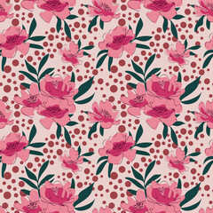 Floral seamless pattern. Bright peonies flowers with circles. Vector. Template for modern design of fabric, textile
