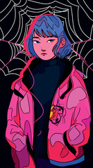 Female teen with blue hair and spider web background in colorful jacket