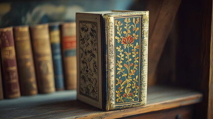 A book cover with a hand-painted illustration resting on a shelf.