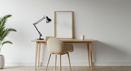 A modern workspace with a stylish wooden desk featuring a sleek lamp, framed picture, coffee mug, and a decorative plant, creating an inviting atmosphere for productivity.