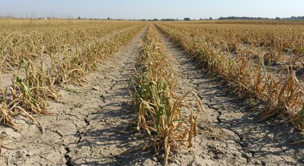 A dry and cracked farmland with patches of dried grass under harsh sunlight, depicting the severe impact of drought on agriculture and the challenges farmers face.