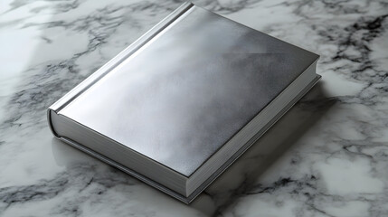 A book with a sleek silver foil cover placed on a marble surface.