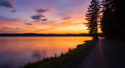 Fototapete Sonnenuntergang A serene sunset over a calm lake reflects vibrant oranges, pinks, and purples. Silhouetted trees line the shore, and a winding road invites exploration.  © Roman C