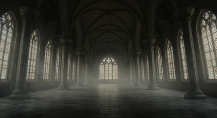 An impressive historic interior with high vaulted ceilings, large stained glass windows, and soft lighting, creating a serene ambiance perfect for spiritual or architectural themes.