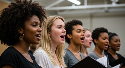 Fototapeta premium A diverse group of young women passionately singing during rehearsal, expressing joy and focus while fostering community and collaboration through their musical performance.