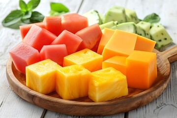 A wooden plate displays fresh colorful cubes of food