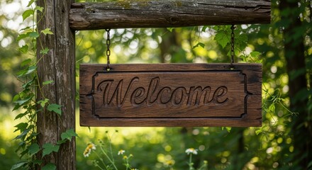 A rustic wooden sign reading 'Welcome' is suspended from a wooden post, surrounded by lush green foliage. This inviting display enhances outdoor spaces, suggesting a friendly atmosphere for visitors.