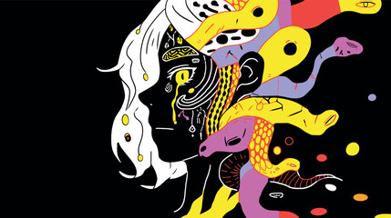 Abstract colorful portrait with snakes and patterns on black background