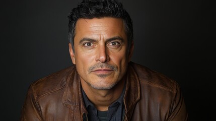 Fototapeta premium Confident Man in Casual Leather Jacket with Intense Gaze