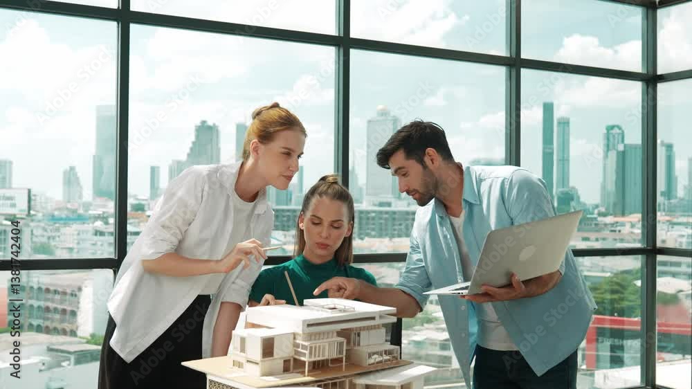 Poster smart architect team discussion about house design while handsome male worker present idea by using 