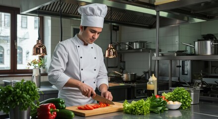 A professional chef chops fresh tomatoes in a modern kitchen, surrounded by vibrant vegetables like bell peppers and lettuce, showcasing culinary art and kitchen dynamics.
