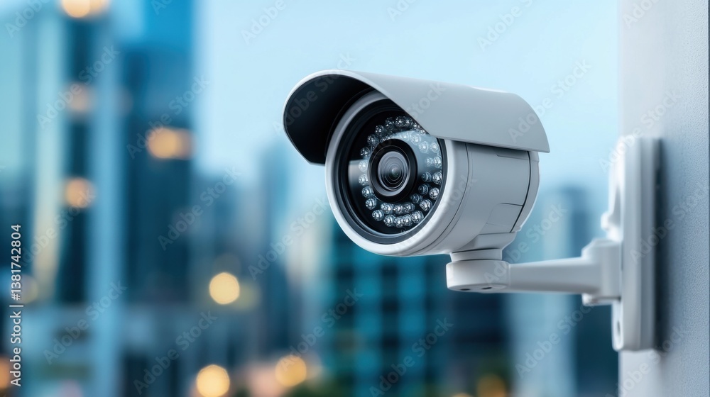 Poster high-resolution security camera with urban background for surveillance and safety monitoring solutio