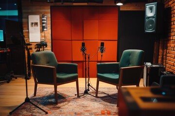 Podcast interview setup with chairs and microphones. AI generated illustration.