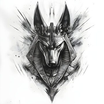 A portrait of Anubis egyptian god-inspired tattoo design,grayscale, background,tattoo art