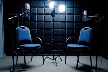 Podcast interview setup with chairs and microphones. AI generated illustration.
