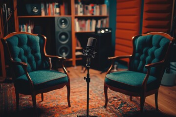Podcast interview setup with chairs and microphones. AI generated illustration.