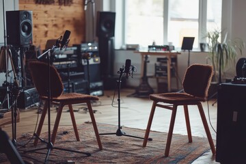 Fototapeta premium Podcast interview setup with chairs and microphones. AI generated illustration.