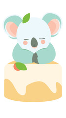 Fototapeta premium Cute sleeping koala on cake with leaves illustration
