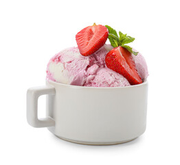 Cup of delicious ice cream with fresh strawberries and mint on white background