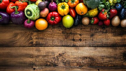 Assortment of fresh colorful vegetables and fruits on wooden table promoting healthy diet for diabetes control