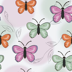 Elegant seamless pattern with delicate butterflies & leaves in pastel tones for textiles, wallpapers, packaging, children's products, and stylish social media design (instagram), wrapping, endpaper