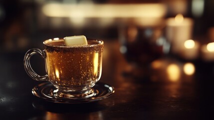 Warm Beverage with Butter in a Glass Mug on a Cozy Table Setting