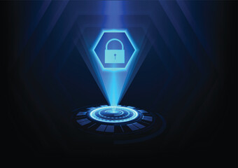 glowing blue holographic lock icon emerges from futuristic digital interface, symbolizing cybersecurity, data protection, and secure technology. Business AI technology digital network
