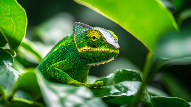 A close-up of a vibrant green chameleon camouflaged among the leaves.