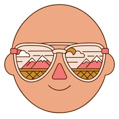 Obraz premium Reflected mountains and sky in sunglasses on smiling face
