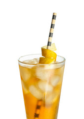 Glass of ice tea with lemon on white background