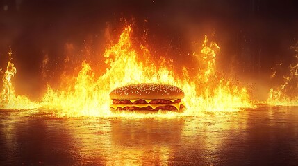 A Double Cheeseburger Ignited by Intense Flames and Surrounding Inferno