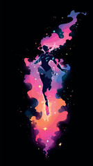 Cosmic dreamscape: female silhouette in colorful galactic smoke with stars