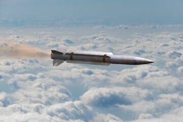 Hypersonic missile in flight, flying at high speed through the cloud cover. Realistic texture of...