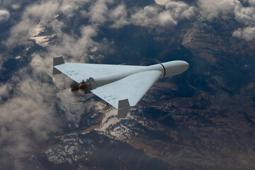 A tactical strike drone over the ground, a modern combat drone moving at high speeds