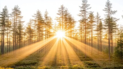 Sunrise shines through tall trees in forest, bright light bursts in natural background