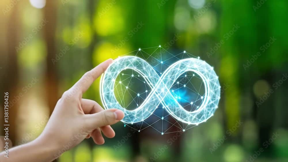 Poster hand holding a glowing infinity symbol with connected dots in a blurred green background scene outdo
