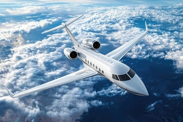Naklejka premium White luxury private jet flying over Earth. AI generated illustration.