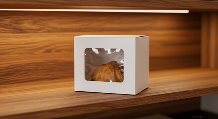 Croissant in a Box Displayed on Wooden Shelf with Overhead Light