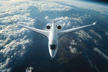 White luxury private jet flying over Earth. AI generated illustration.