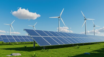 A vibrant landscape of wind turbines spinning under a clear blue sky, with rows of solar panels shining. This scene highlights renewable energy and a sustainable future.