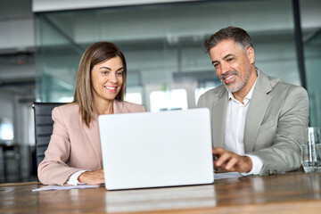 Smiling middle aged professional business woman executive working looking at laptop computer discussing digital data with male colleague at office meeting planning corporate strategy.