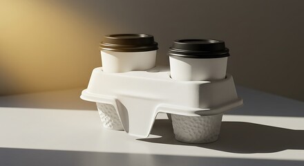 Two Coffee Cups in White Cardboard Carrier on Clean Surface