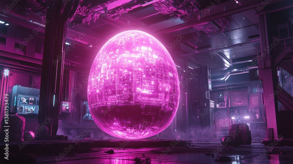 Poster futuristic artifact sphere with glowing magenta patterns in a cyberpunk setting
